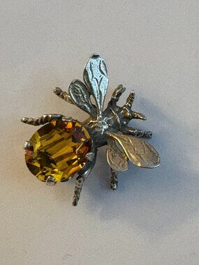 Guglielmo Cini Sterling Silver Bee Brooch Pin Citrine Glass Stone 1" Vintage
